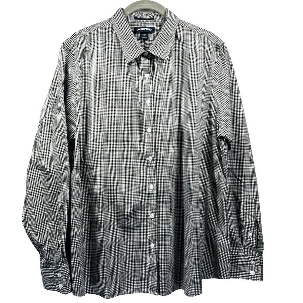 Lands End Women's Blouse Size 18 P Petite Button Up Black White Cotton Office LS